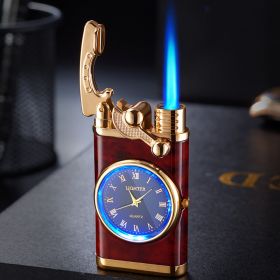 Lighter With Electric Watch Rocker Arm Automatic Ignition Straight Blue Flame Lighter Creative Real Dial Inflatable Windproof Lighter Men's Watch Gift (Color: Mahogany grain)